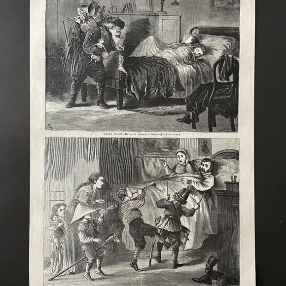 Santa Claus Antique Woodcut Engraving Charles G Bush
